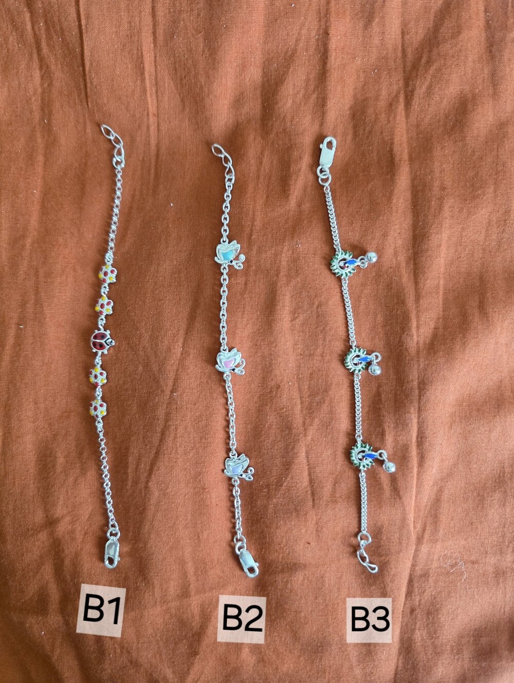 Each $75 Silver Kid/baby Ladybug  Butterfly,peacock Charm Bracelet Set